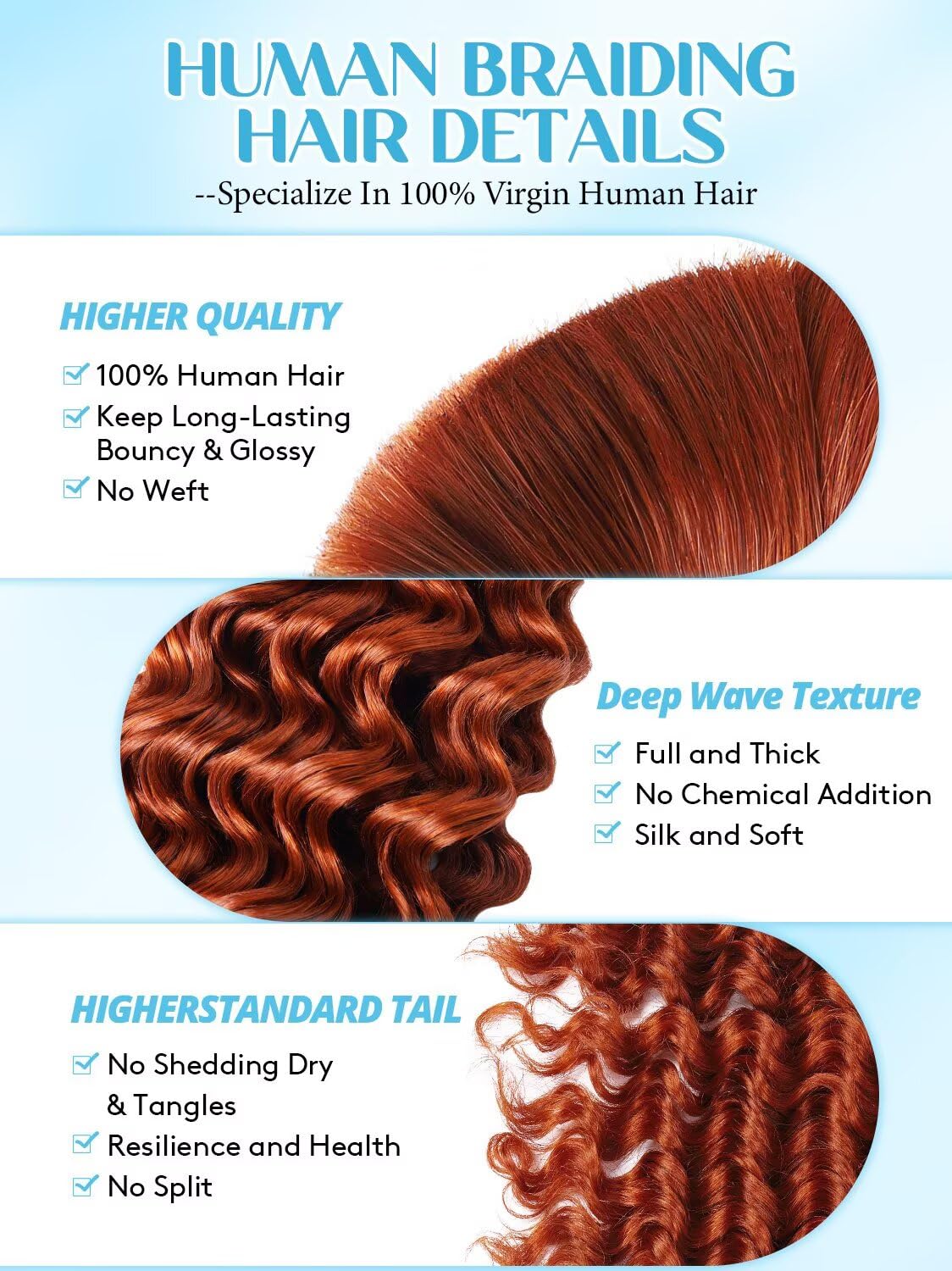 Unprocessed Human Hair for Braiding - #350 Ginger Copper Curly Bulk Hair, 24 Inch, 100g, 2 Bundles