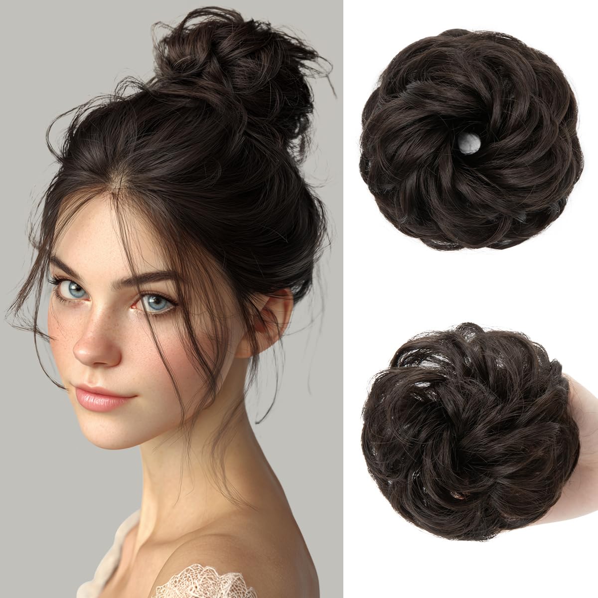 Small Messy Bun Hair Pieces for Women - Synthetic Curly Mini Scrunchies | 2PCs Dark Brown