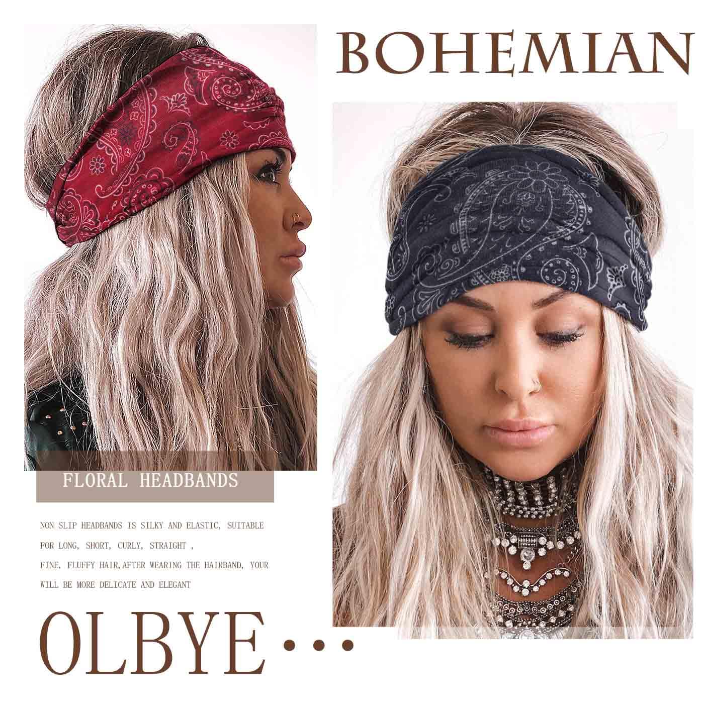 Olbye Wide Boho Headbands Floral Stretch Head Wraps Turban Knotted Yoga Hairbands Workout Hair Accessories for Women 4Pcs