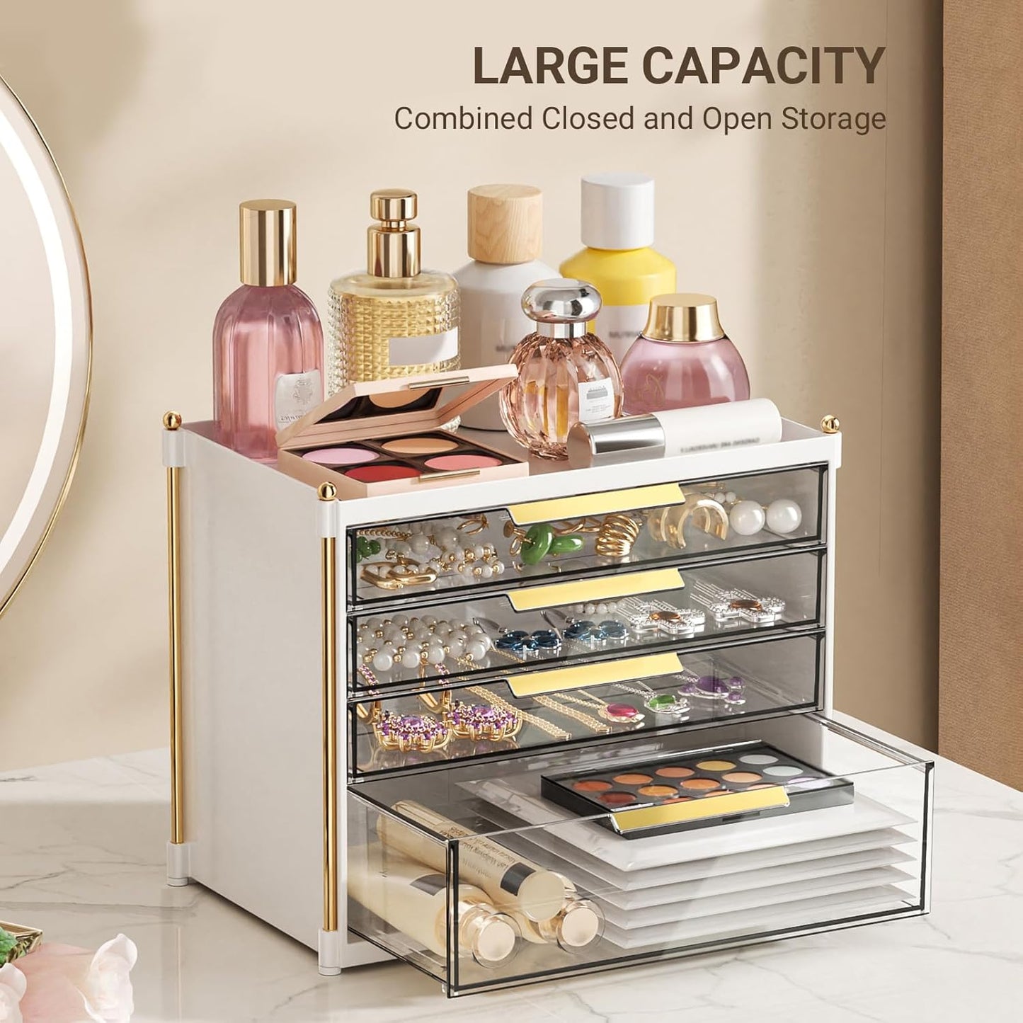 Aveniee 4-Drawer Makeup Organizer | Plastic Vanity Storage for Cosmetics, Skincare & Jewelry - White