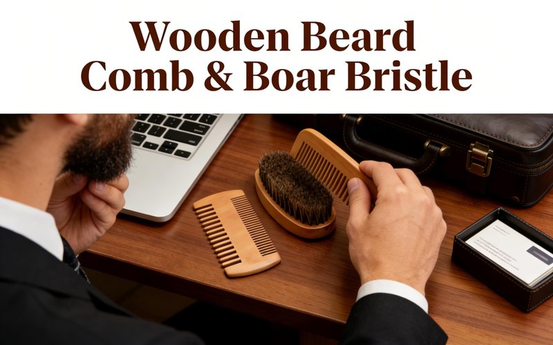 Men's Beard Brush Kit with Wooden Comb and Boar Bristle Brush - Natural Pear Wood Comb and Beechwood Brush Set for Beard Grooming, Styling, and Daily Care at Home or Barbershop