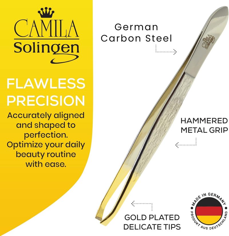 Camila Solingen CS30 3.5 Inches Gold Tipped, Surgical Grade, German Carbon Steel Tweezers (Claw) - Flawless Eyebrow and Facial Hair Shaping and Removal for Men/Women