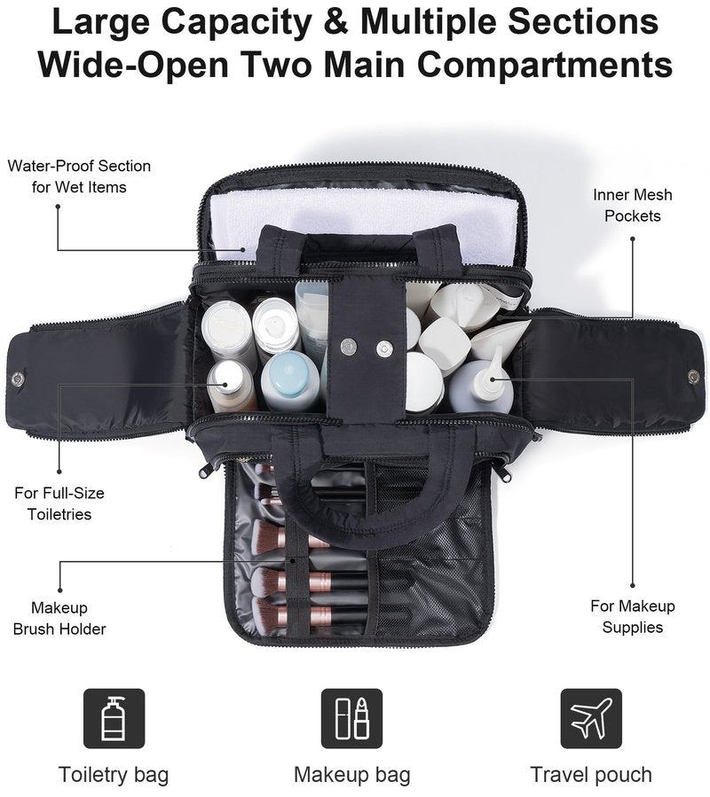 Travel Toiletry Bag, Large Wide-open Puffy Toiletry Bag for Women, Lightweight Quilted Makeup Bag Cosmetic Organizer with Handle Water-resistant Travel Essentials for Toiletries Accessories Black