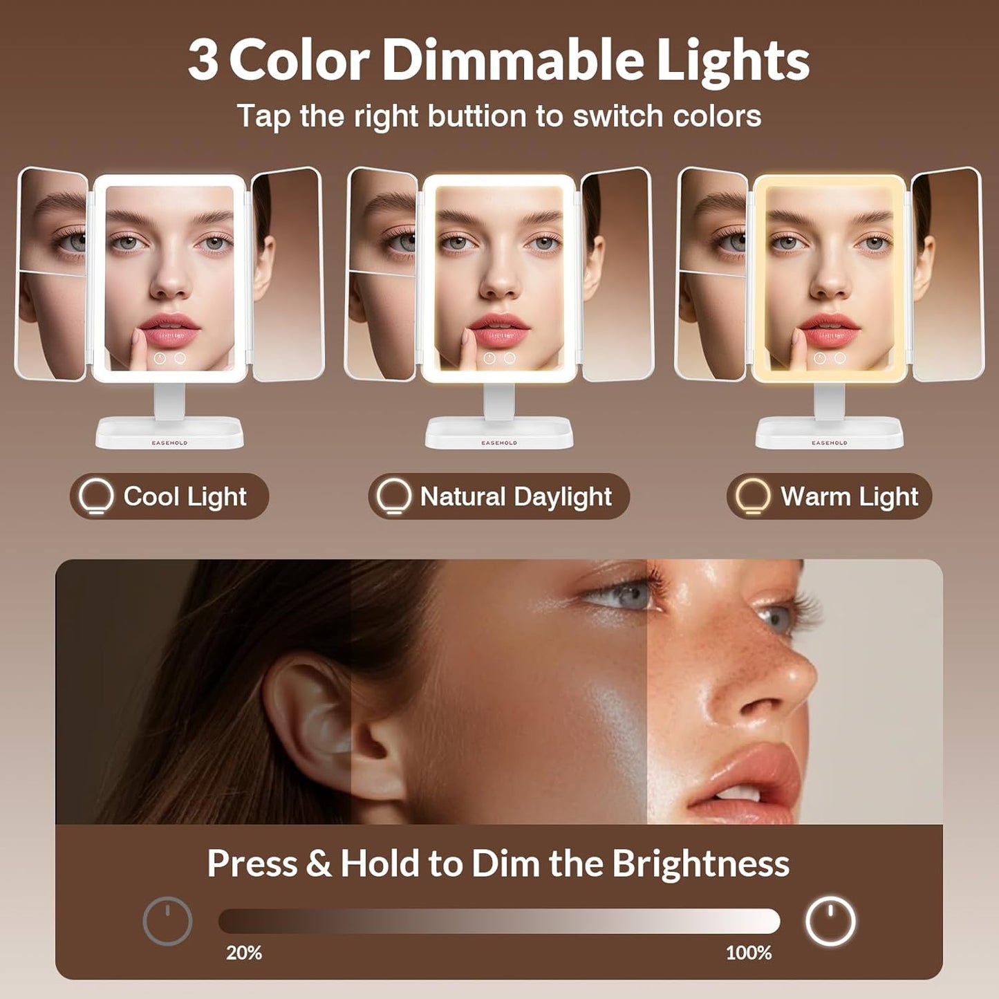 Rechargeable Trifold Lighted Makeup Mirror - 1X/2X/3X Magnification, 3 Color LED Lights | Foldable Vanity Mirror for Travel & Home