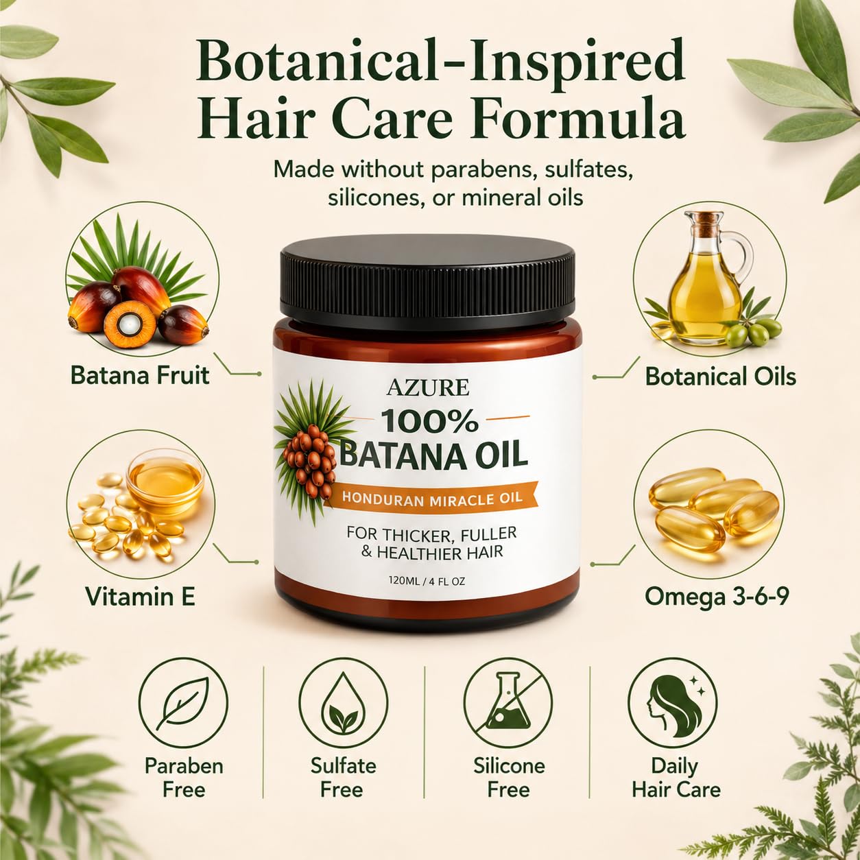 Azure Batana Oil for Hair Growth - Deep Moisture Treatment for Dry, Damaged Hair | 4 Fl Oz