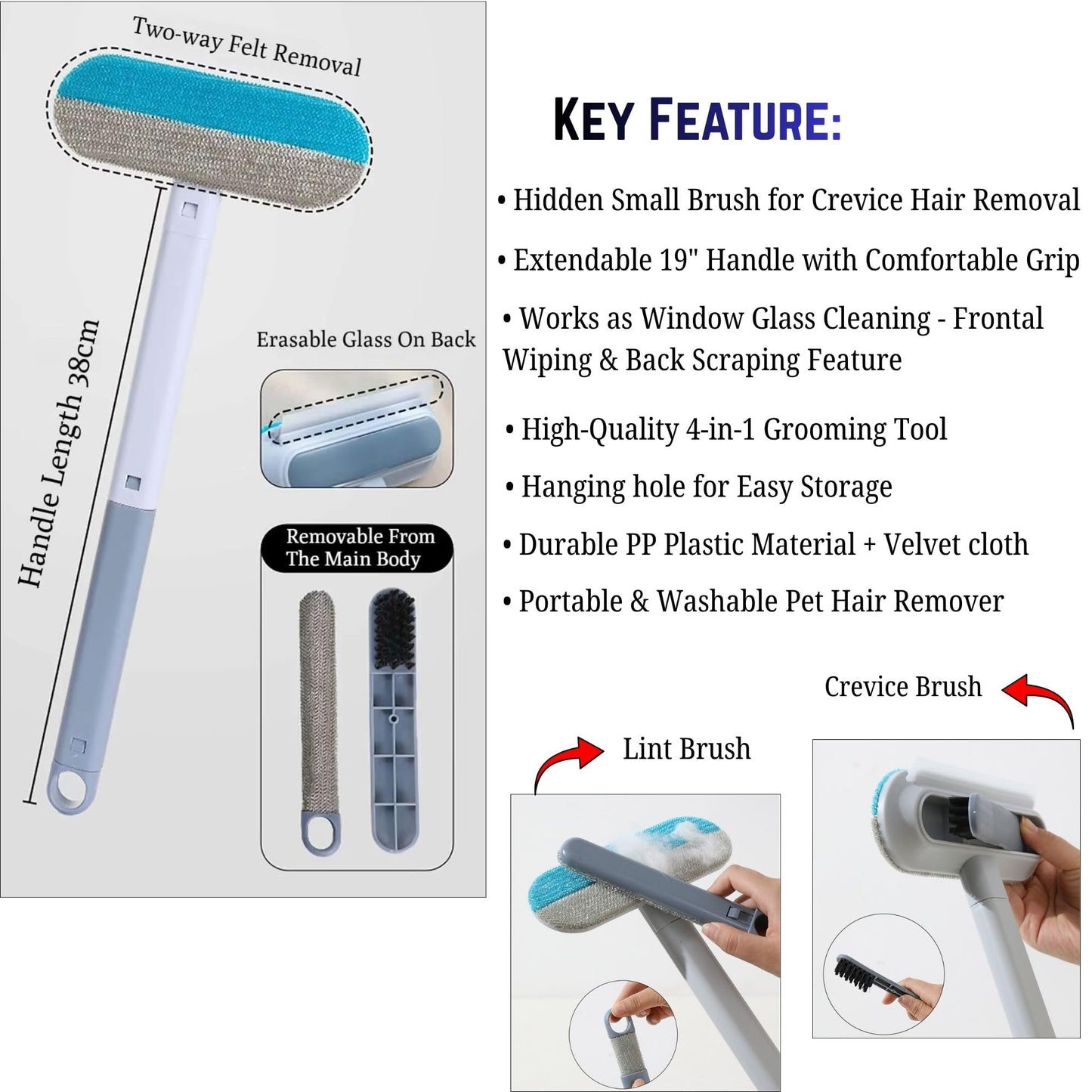 Smakpro Cat Hair Remover Gloves with 19" Adjustable Handle Brush - Five Finger Magic Gloves | Reusable Pet Fur Remover Mitt | Dog Hair Removal Electrostatic Tool for Lundry Carpet Bedding Clothes