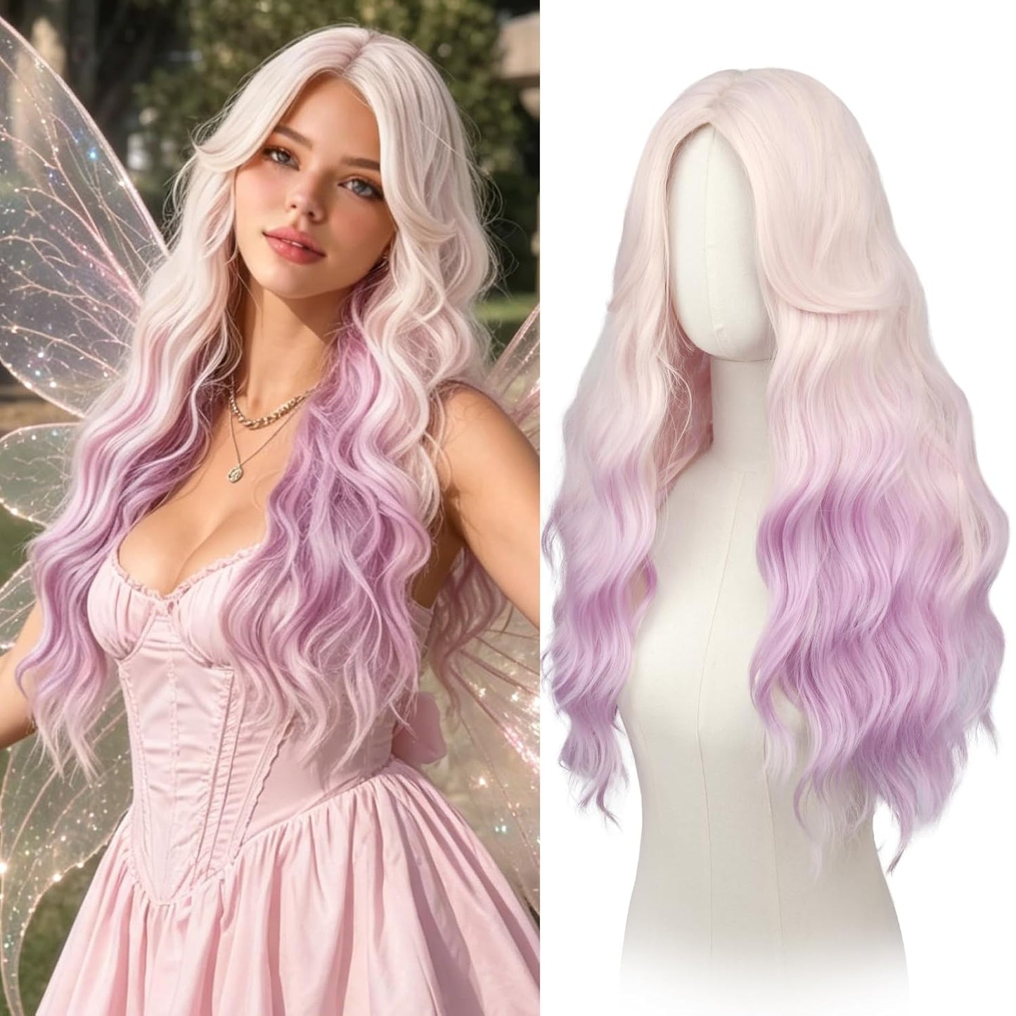 Blue Wigs with Curtain Bangs - Long Wavy Synthetic Hair Wig for Women | 26 Inch Blue Mixed Grey