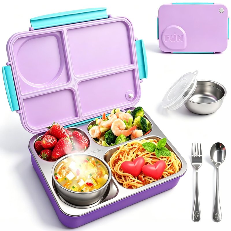 NaTuGi Kids Stainless Steel Lunch Box,304 Stainless Toddler Leak-Resistant Insulated Bento Box,Suitable For Schools,Office,Use Comes With An Independent Soup Cup,Tableware,4 Compartments (Purple)