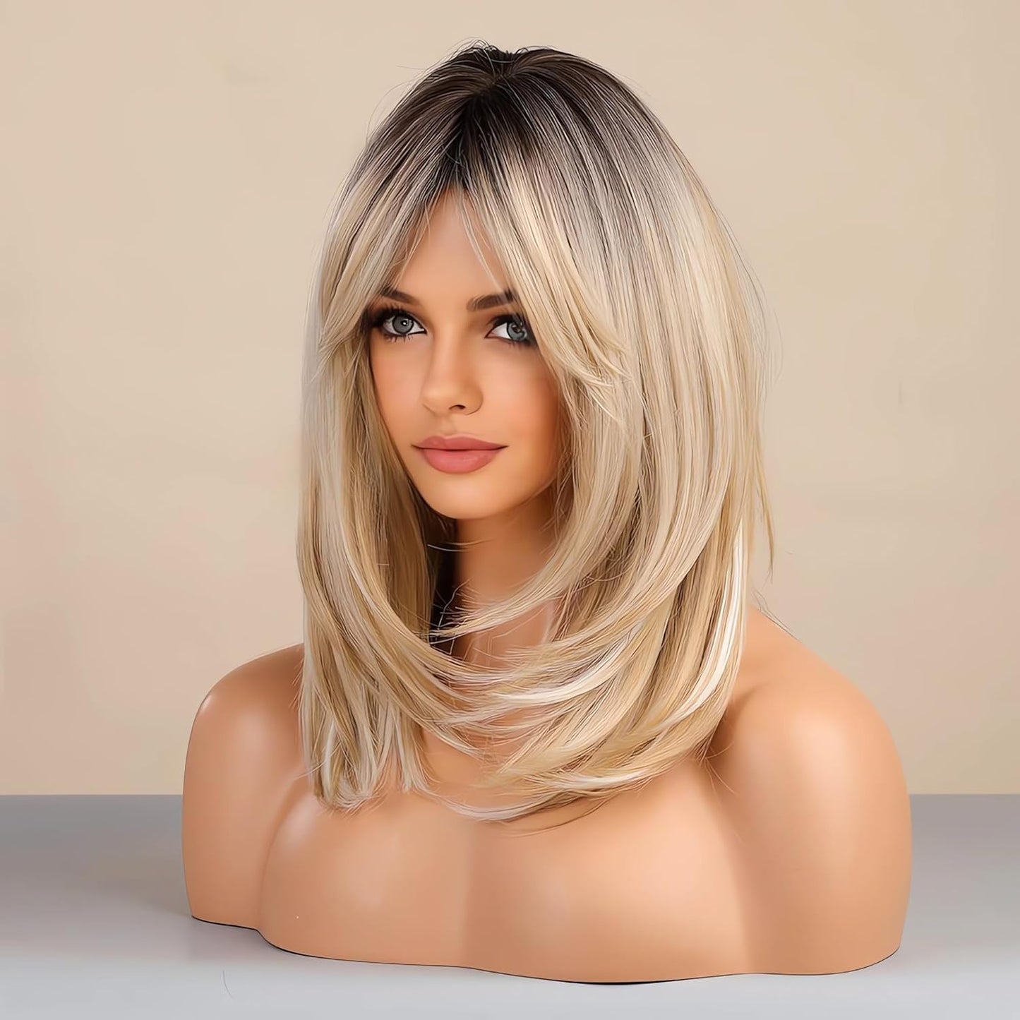 Long Layered Blonde Wig - Synthetic Hair with Bangs | Natural Wavy, Heat Resistant for Daily & Party Wear
