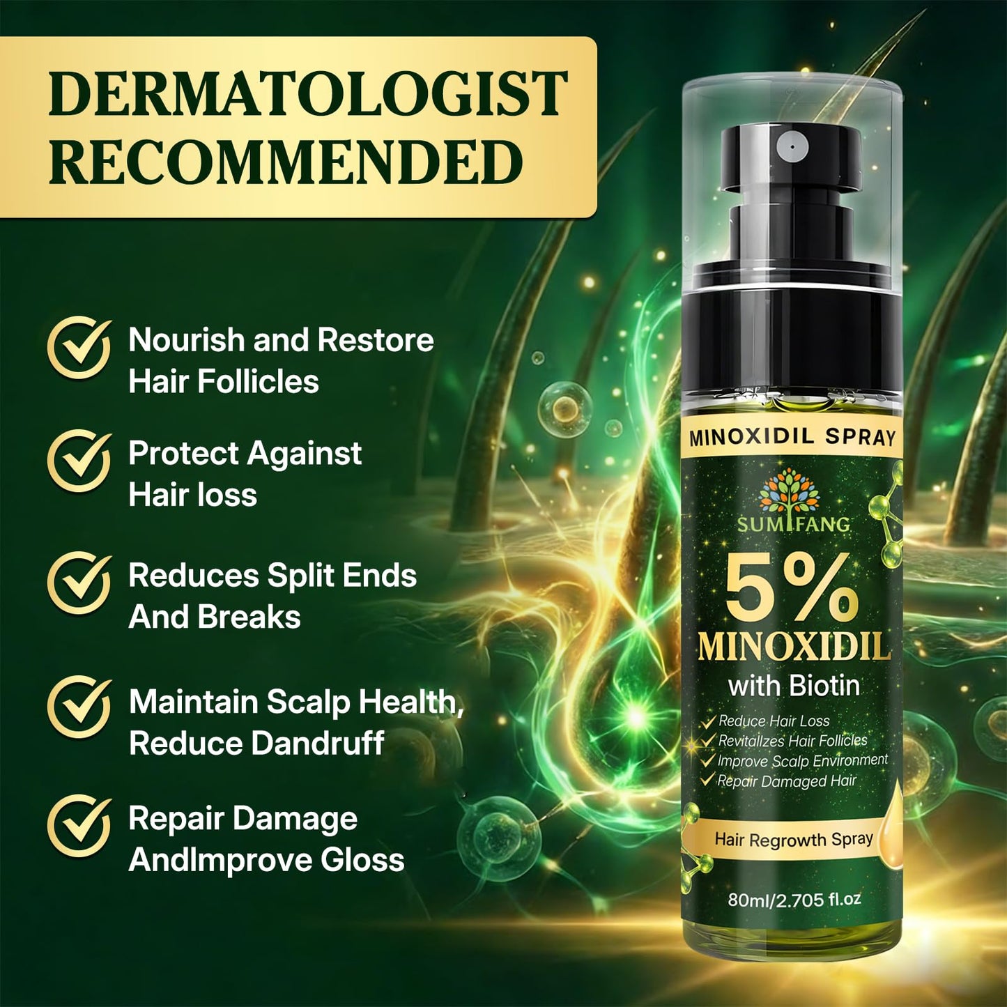 SUMIFANG 5% Minoxidil for Men & Women Hair Growth Biotin Serum with Rosemary for Hair Beard Regrowth Treatments, Unscented Topical Minoxidil Spray 80ML for Faster Stronger Thicker Hair Growth
