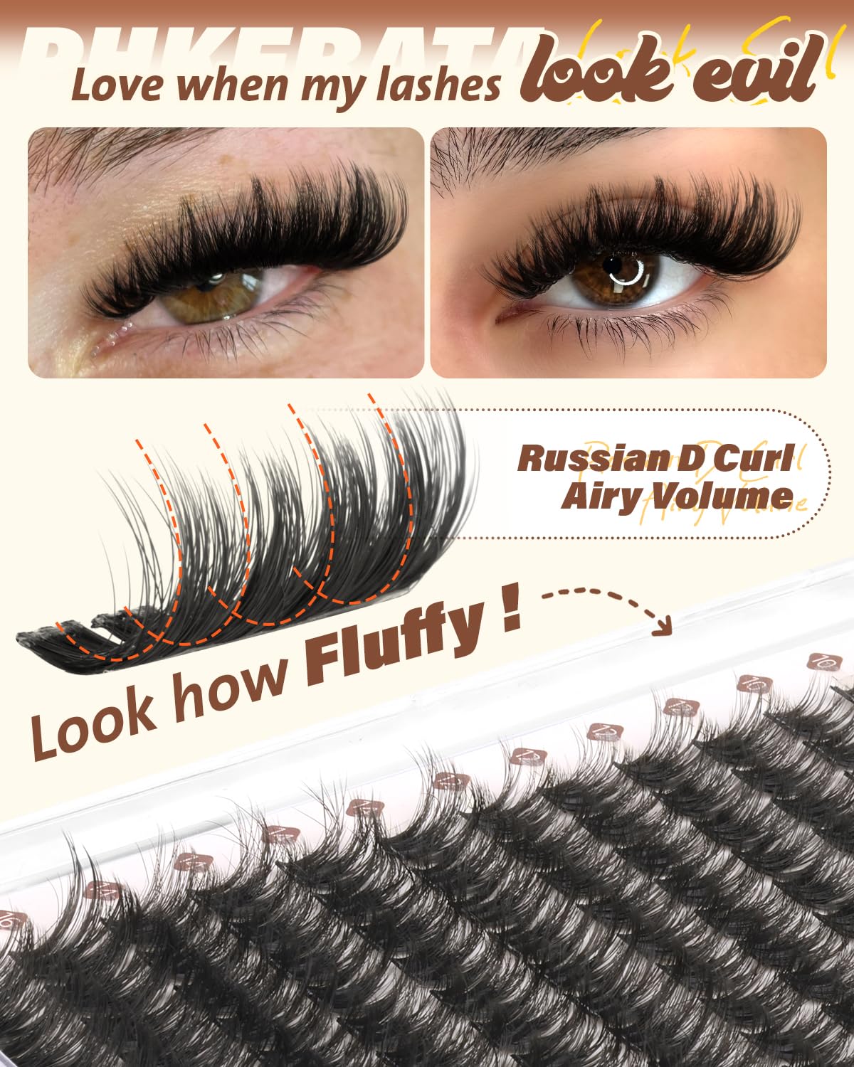 PHKERATA Fluffy Lash Clusters Kit D Curl Wispy Eyelash Clusters Kit, 3D Volume Cluster Eyelash Extensions Kit DIY Individual Lashes with Bond and Seal & Tweezers, 144pcs, 10-16mm