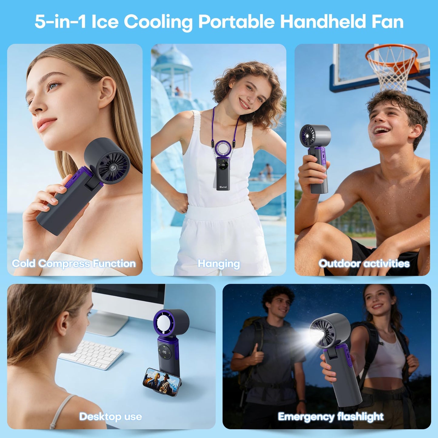 SSWind 6000mAh Portable Handheld Fan with Ice Cooling, 199 Levels Stepless Speed, 20H Long Battery Life, 20000RPM Turbo Fan Rechargeable Personal Mini Fan for Travel, Outdoor, Makeup (Grey)