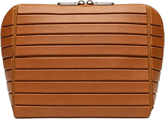Large Capacity Makeup Bag - Water-Resistant PVC Toiletry Case with Brush Holder | Portable Medium Size (Brown)