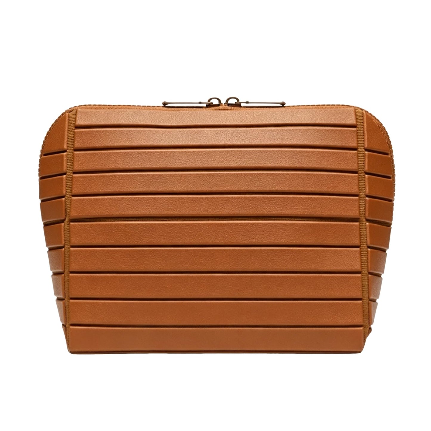 Parallel Traveler Makeup Bag, Large Capacity PVC Toiletry Case, Fold Down Cosmetic Bag with Brush Holder, Water-Resistant & Portable Makeup Bag for Women (Brown, Medium)