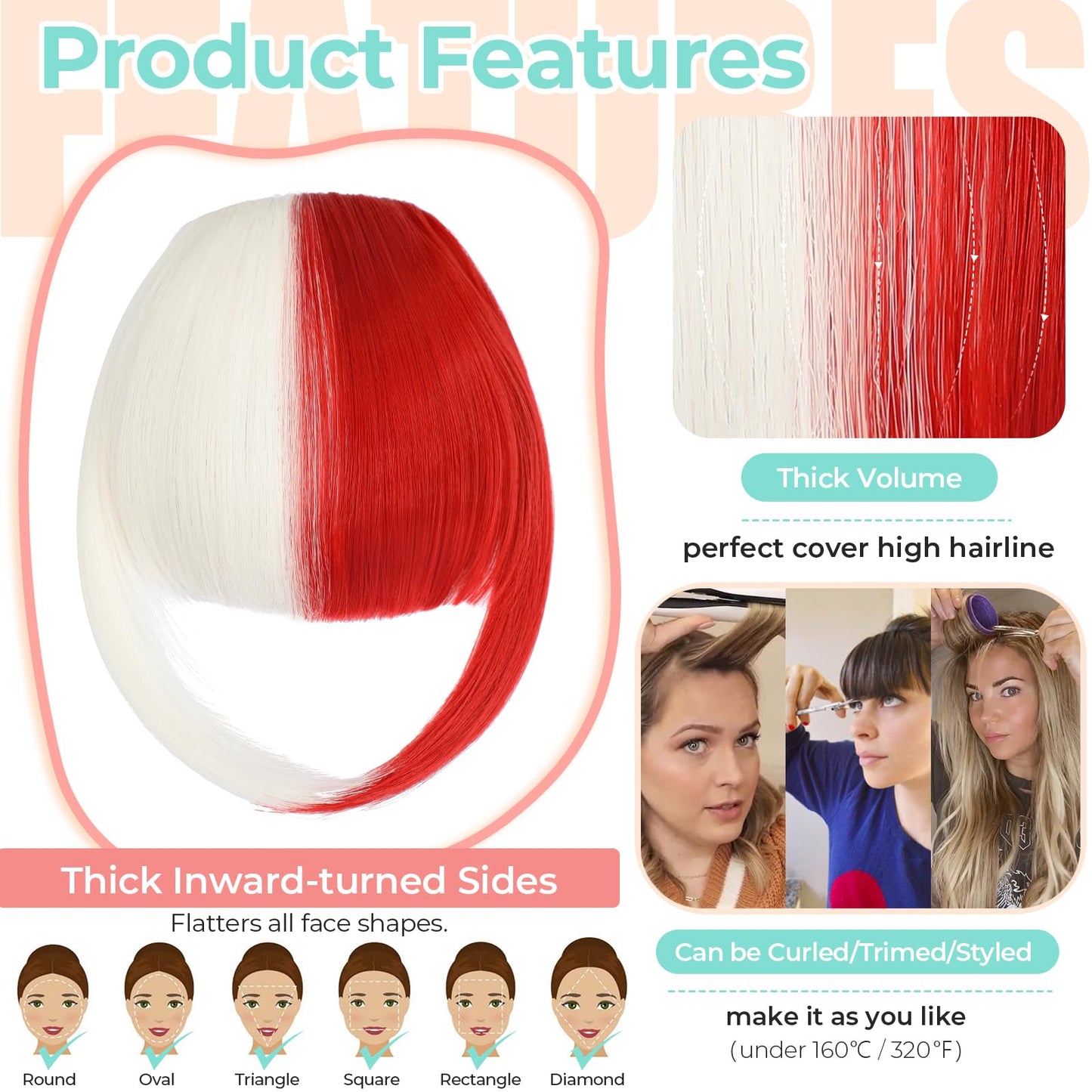 Cephermer Clip in Bangs, Synthetic French Bangs Hair Clip, Fake Bangs Fringe with Temples Hairpieces for Women Natural Curved Hair Extensions for Daily Wear White mix Red