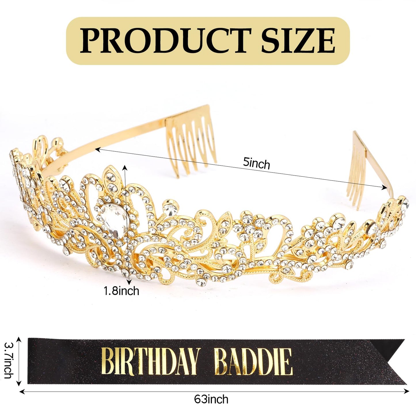 KICOSY 3PCS Birthday Baddie Sash, Crystal Crown and Sunglasses Funny Baddie Outfits Birthday Party Accessories