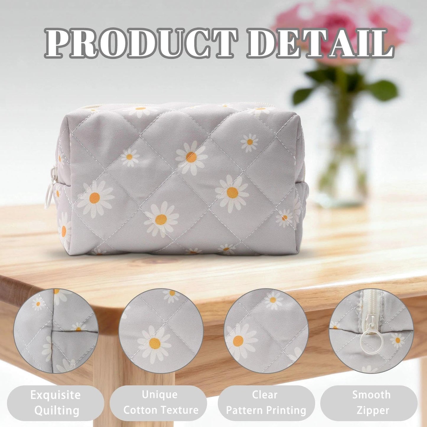 Quilted Makeup Bag, Cute Floral Cotton Cosmetic Bag, Daisy Coquette Makeup Pouch for Women Girls, Aesthetic Organizer Bags Travel Toiletry Bags