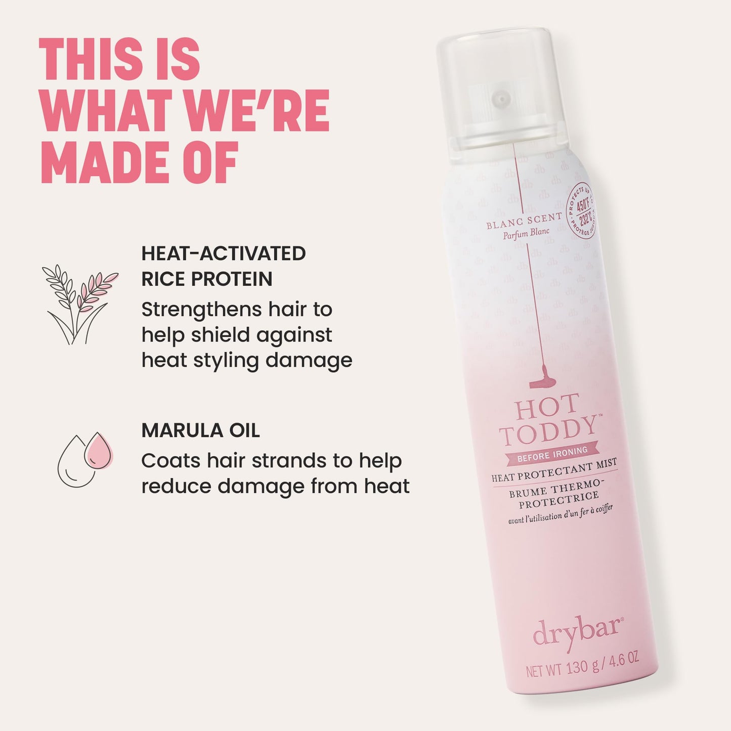 Drybar Hot Toddy Heat Protectant Mist for Hair, Lightweight Formula, Protects from Heated Styling, Straightening and Curling Irons, Coconut Colada Scent, Full Size, 4.6 Oz.
