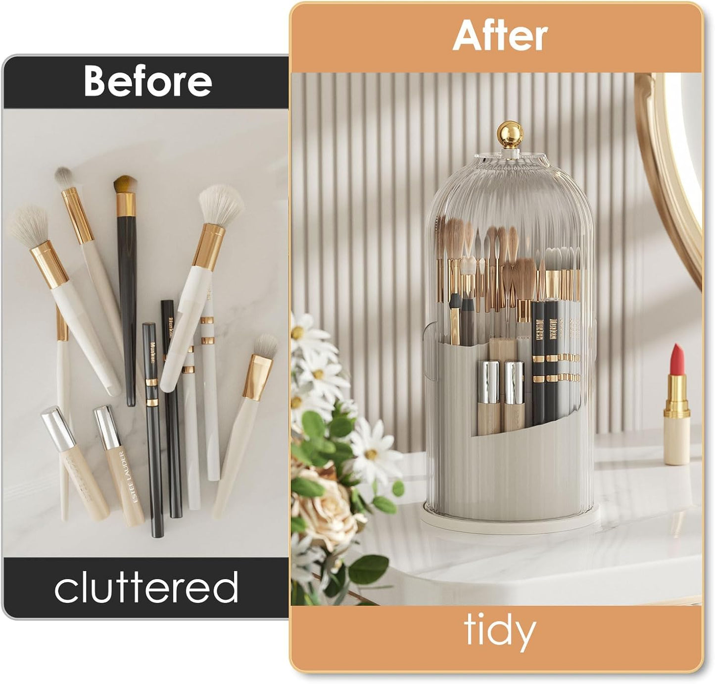 Makeup Brush Holder - 360 Rotating Clear Organizer with Lid for Vanity & Bathroom Countertop | Dustproof Design