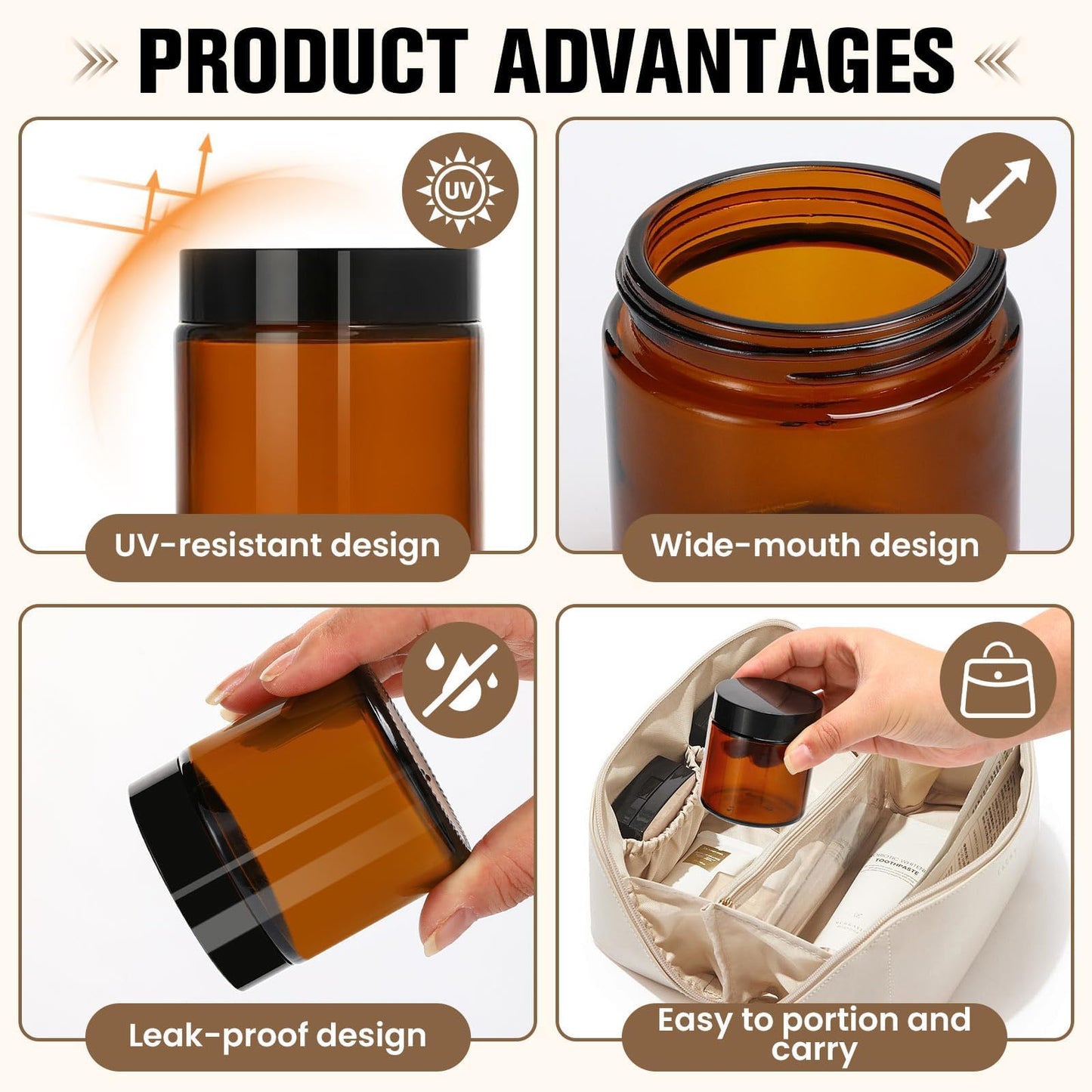 50 Pcs 4 oz Glass Jars with Lids, Amber Glass Jars with 60 Labels & 10 Spatulas, Inner Liners, LeakProof, UV-Protective,Round Glass Containers for Essential Oils, Spices, Candle Making,DIY