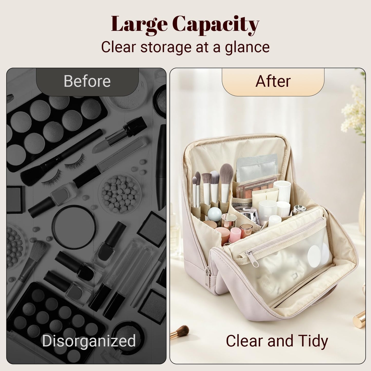 seektik Standing Makeup Bag for Women Large Waterproof Cosmetic Bags with Compartments Foldable Travel Make up Storage Bag Organizer for Toiletries & Brushes with Detachable Dividers (Light Pink)