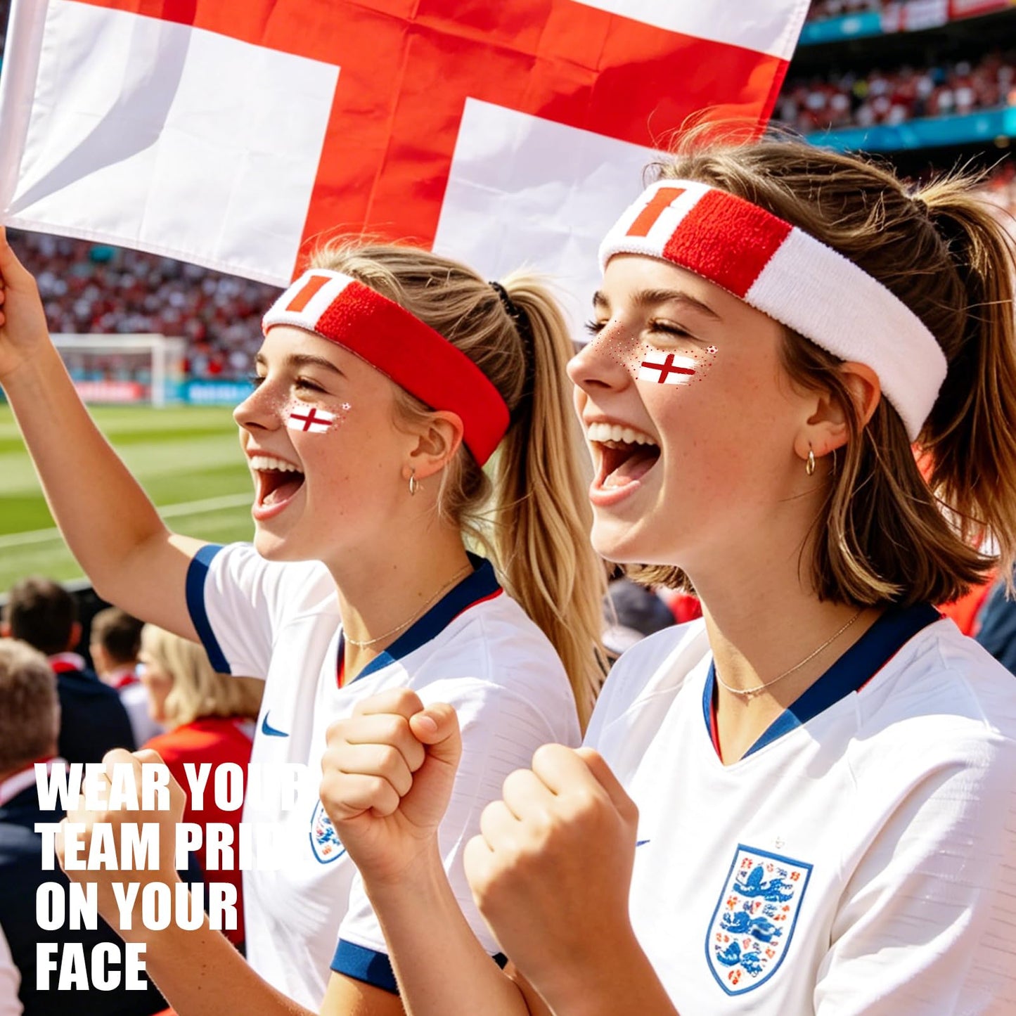 VXZ Red & White Soccer Fan Freckles Face Tattoo - Cross Flag Brushstroke Temporary Tattoos | Waterproof Sports Sparkle Stickers for Football Matches & Game Day Celebrations (8 Sheets)