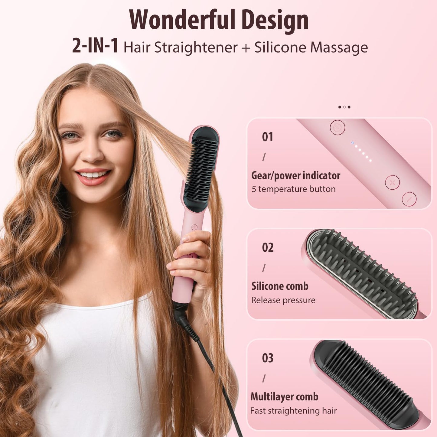 ISTORAGE Hair Straightener Brush, Ring Ionic Hair Straightener Comb Ceramic Straightening Brush for Women with 5 Temps 15s Fast Heating & Dual Voltage, Pink