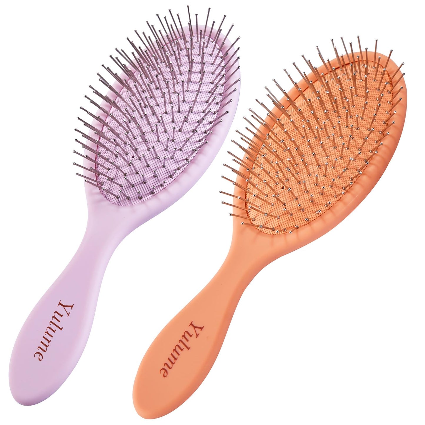 Yulume 2-Pack Paddle Brush Set, Air Cushion Round-Tip Steel Pins for Scalp Massage, Pain-Free Detangling for Wet, Dry, Curly & Thick Hair, Anti-Static, Bonus Tail Comb & Clip, Pink & Orange
