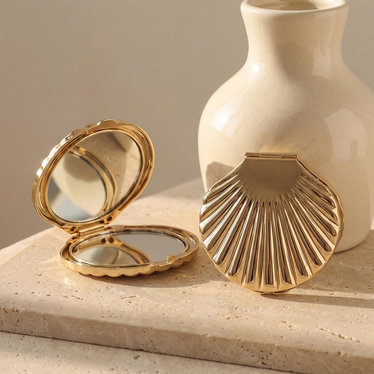 Novabright 1 Pcs 2.7 Inch Gold Sea Shell Compact Mirror Double-Sided Makeup Small Mirror for Purse with 1x/2x Magnification for Travel, Bathroom, Makeup, Beauty, Grooming, Plastic