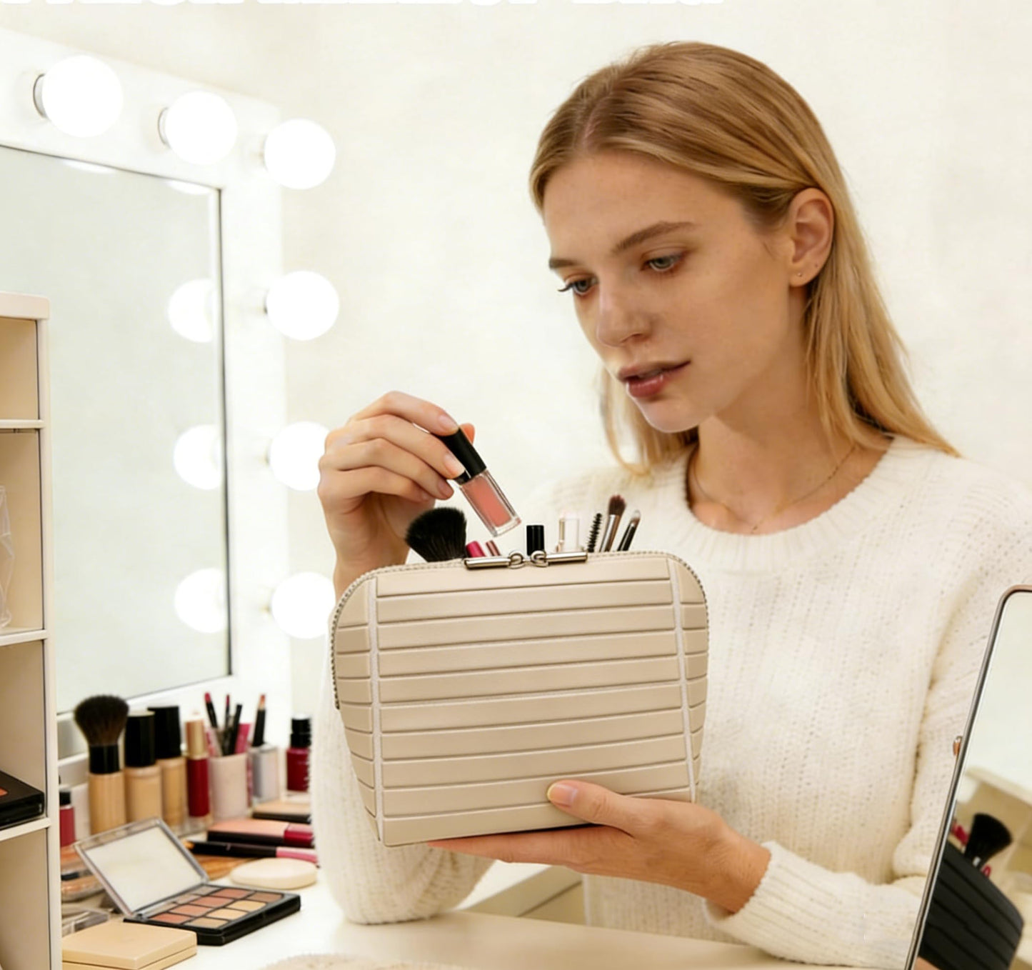 Erfgaiu Parallel Traveler Makeup Bag Fold Down Cosmetic Bag with Brush Holder Toiletry Bags Women Portable Stripe Organizer Case Apricot S