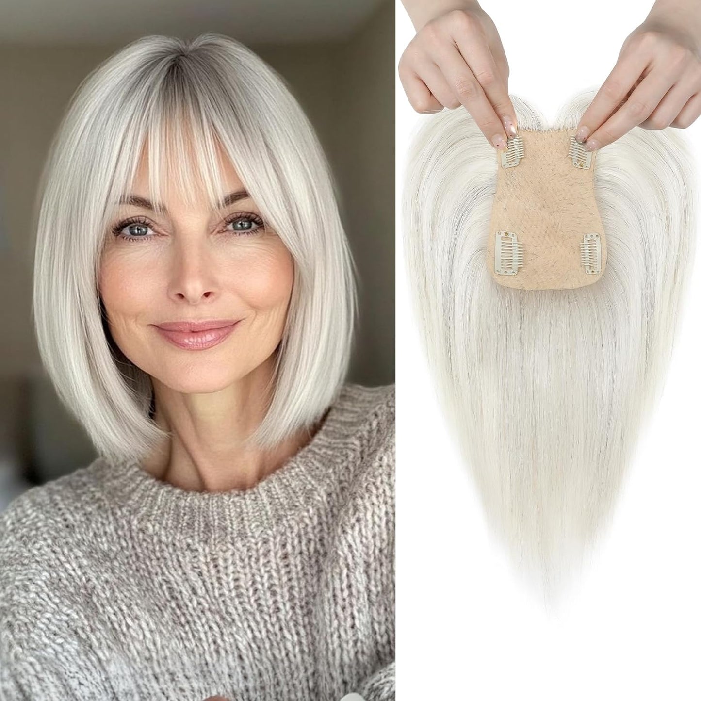 Human Hair Toppers for Women - Real Thick Hair Topper for Instant Volume | Gray Wiglet for Daily Wear