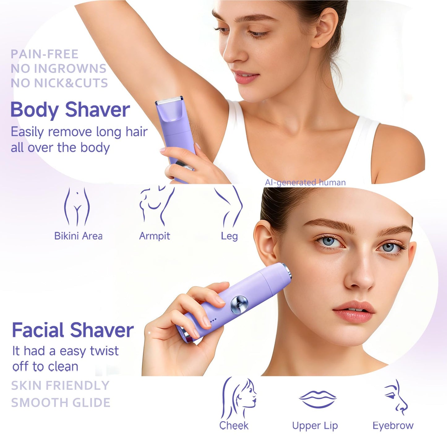 Likefun Bikini Trimmer for Women - 3-in-1 Painless Electric Razor, Ceramic Blade Cordless Body & Facial Shaver for Face, Legs & Pubic Hair, Wet & Dry Use, USB-C Rechargeable, Gifts for Women (Purple)