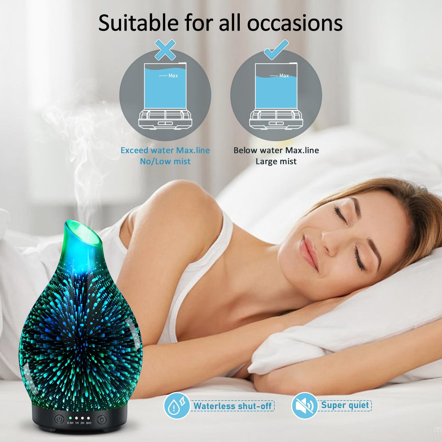 Essential Oil Diffuser 120ML Glass Ultrasonic Aromatherapy Oil Diffuser-Aroma Humidifier Glass Diffuser,7 Color Changing Light Auto-Off-Ultra-Quiet for Sleeping Yoga Home Office and Spa