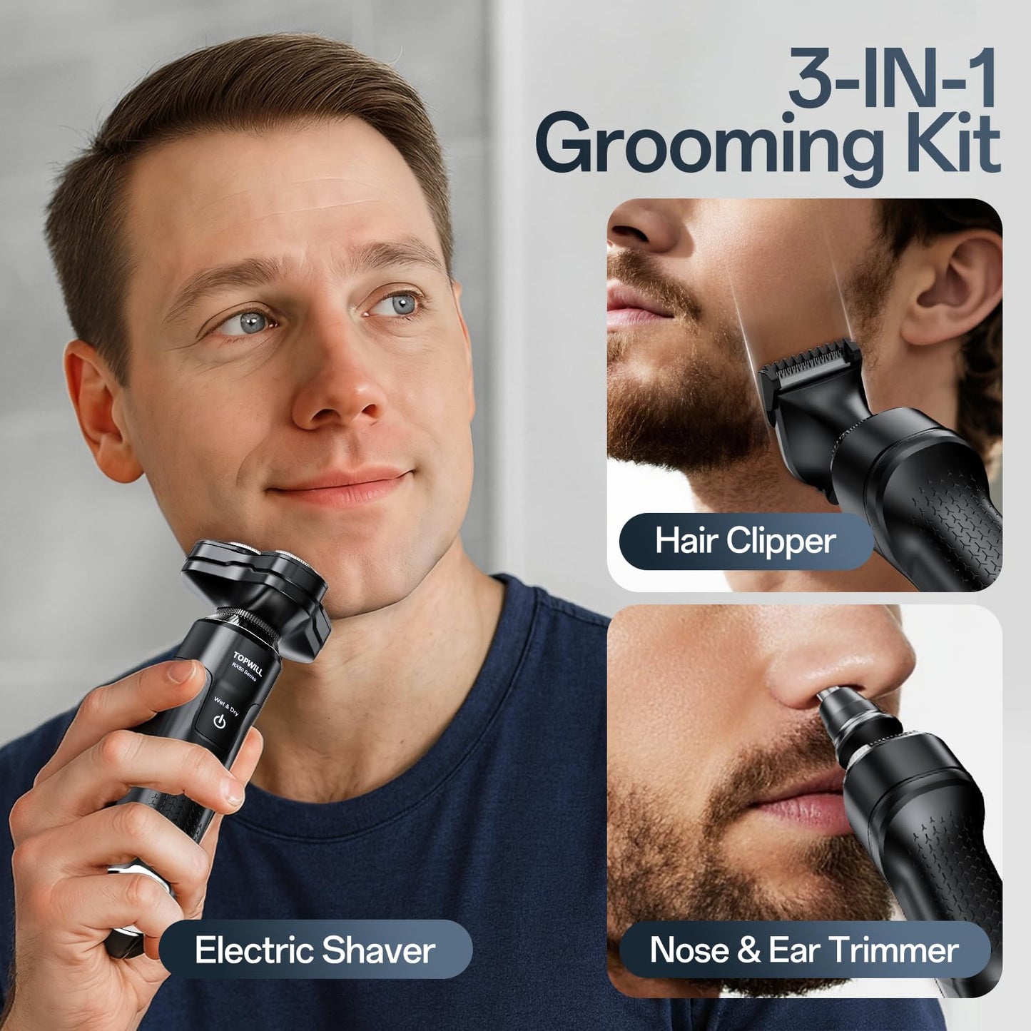 Electric Shaver for Men, New 3-in-1 Rechargeable Razor and Trimmer for Face, Beard, Nose, Close Clean Shave, Waterproof Wet/Dry Use, USB-C Charging, Men's Gift