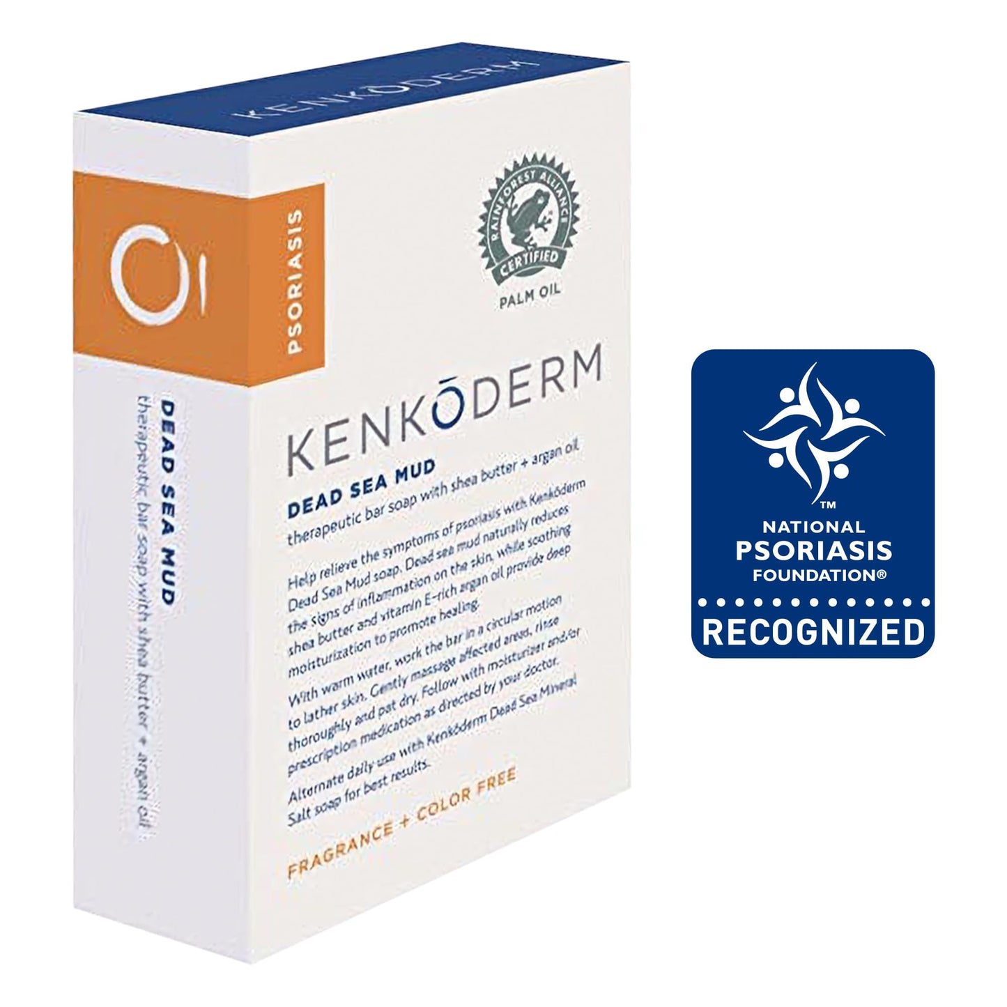 Kenkoderm Psoriasis Dead Sea Mud Soap with Argan Oil & Shea Butter, Natural Exfoliating Body & Face Cleanser for Sensitive Skin, Fragrance & Color-Free, 4.25 Ounce, 4 Bars