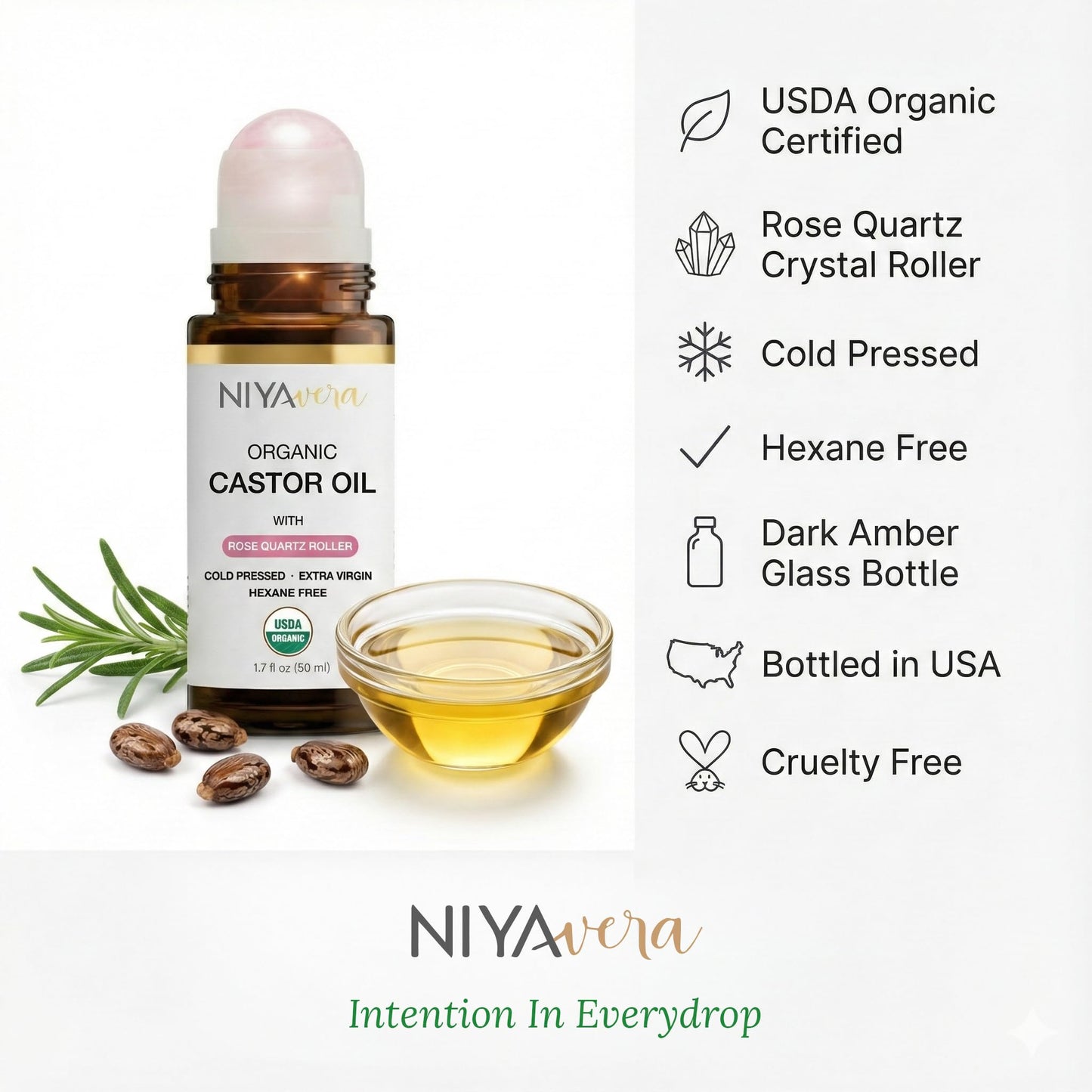 NIYAVERA Organic Castor Oil Roll on with Rose Quartz for Skin and Body - Cold Pressed Hexane Free Glass Bottle Unrefined 1.7 oz