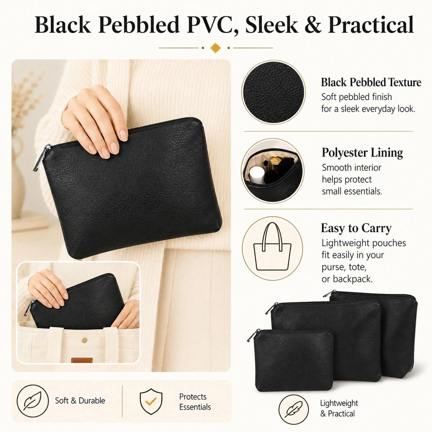 BBORGDC Small Cosmetic Bag Set of 3 for Purse, Black PVC Cosmetic Pouches, 3 Sizes Zipper Organizer for Travel & Toiletries, Gift for Her Birthday, Wife & Mom
