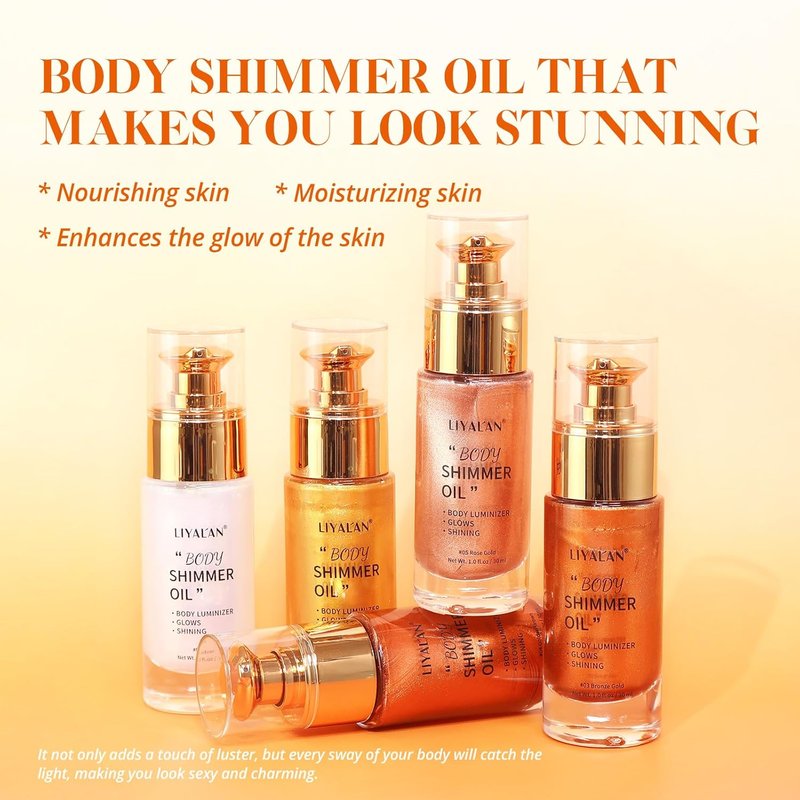 Liyalan Shimmer Body Oil - Glow Enhancing Highlighter | 1.0 fl. oz, Gold (#02)