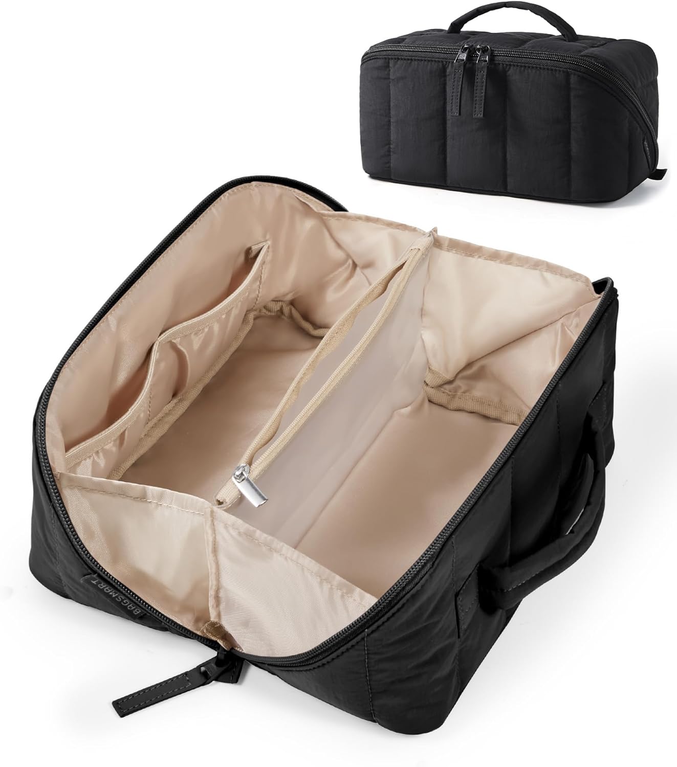 Travel Makeup Bag for Women - Portable Water-Resistant Cosmetic Case | Puffy Padded Organizer Pouch in Black