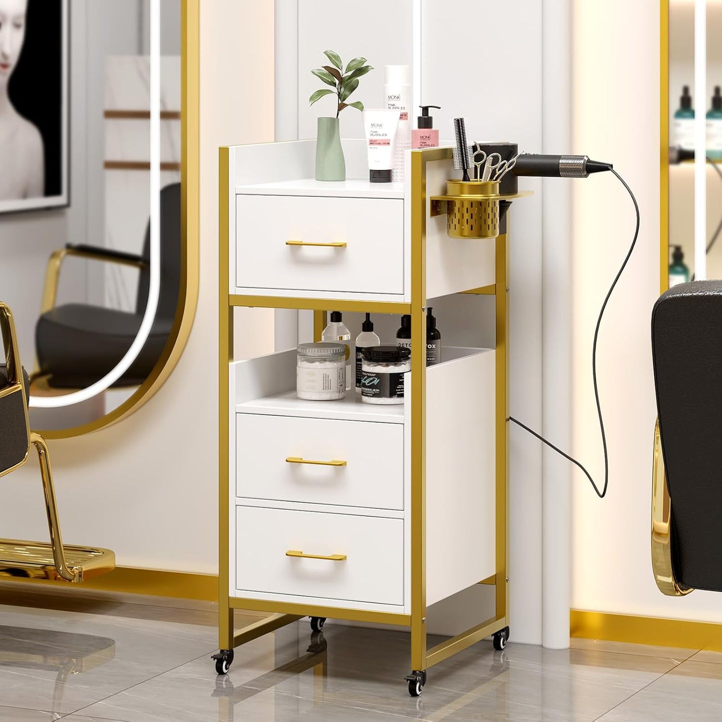 OmySalon Salon Trolley Cart - Mobile Hair Styling Station with 3 Drawers & Tool Holders | White