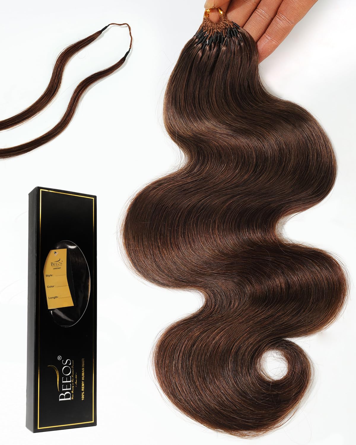 BEEOS Body Wave Crochet Human Hair #4 Brown, Pre-Separated Knotless Feather Crochet Hair for Black Women, Reusable Invisible String 40g 18 Inch