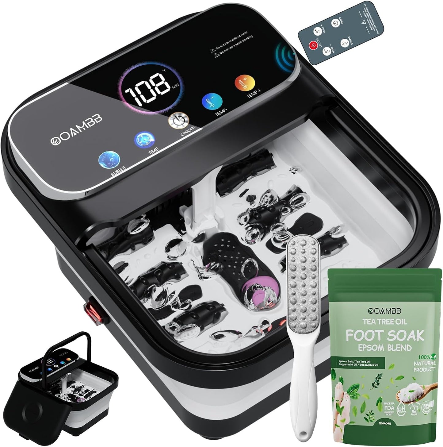 Collapsible Foot Spa - Heated Bubble Bath Massager with Remote Control & 6 Rollers | Deep Grey Soaking Tub