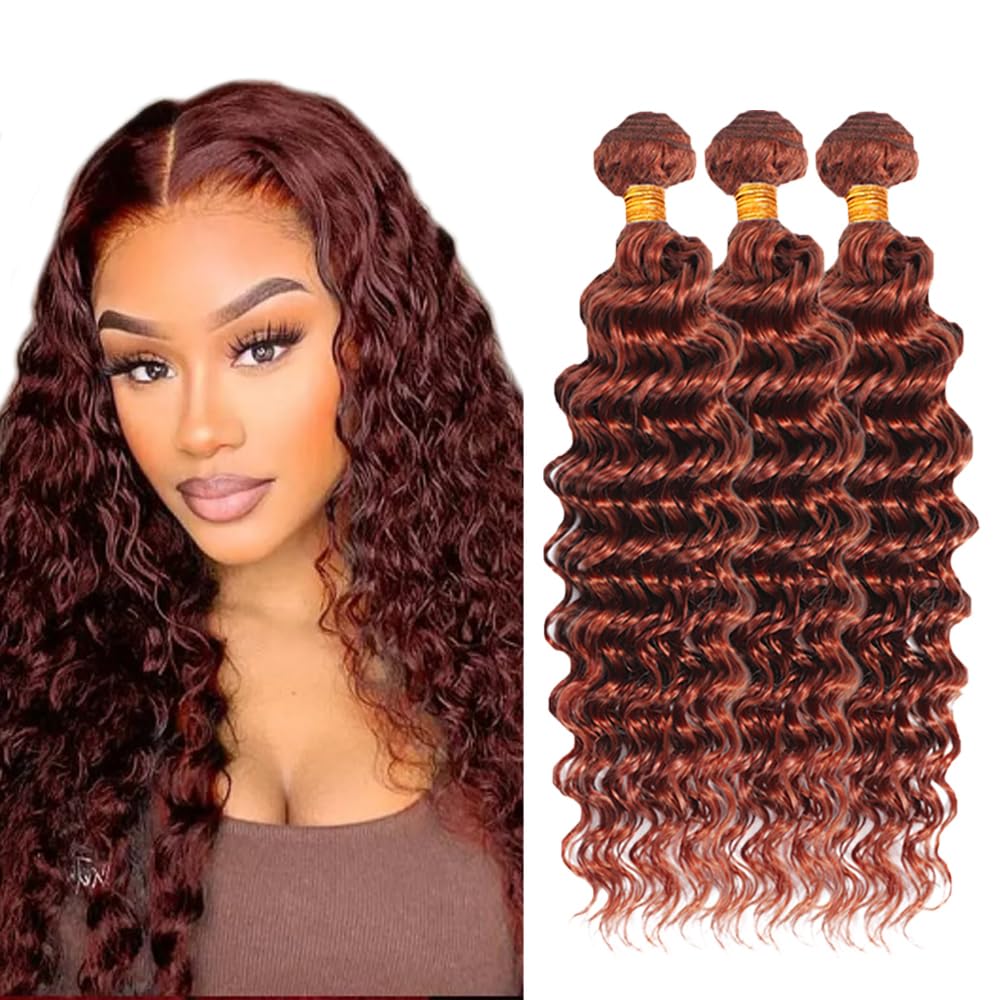 Auburn Deep Wave Bundles Human Hair Color 33 Bundle 18 20 22 Inch Huxowax Brazilian Virgin Soft and Silky Remy Hair Extensions Double Weft Copper Red Bundle Hair Weave 150g