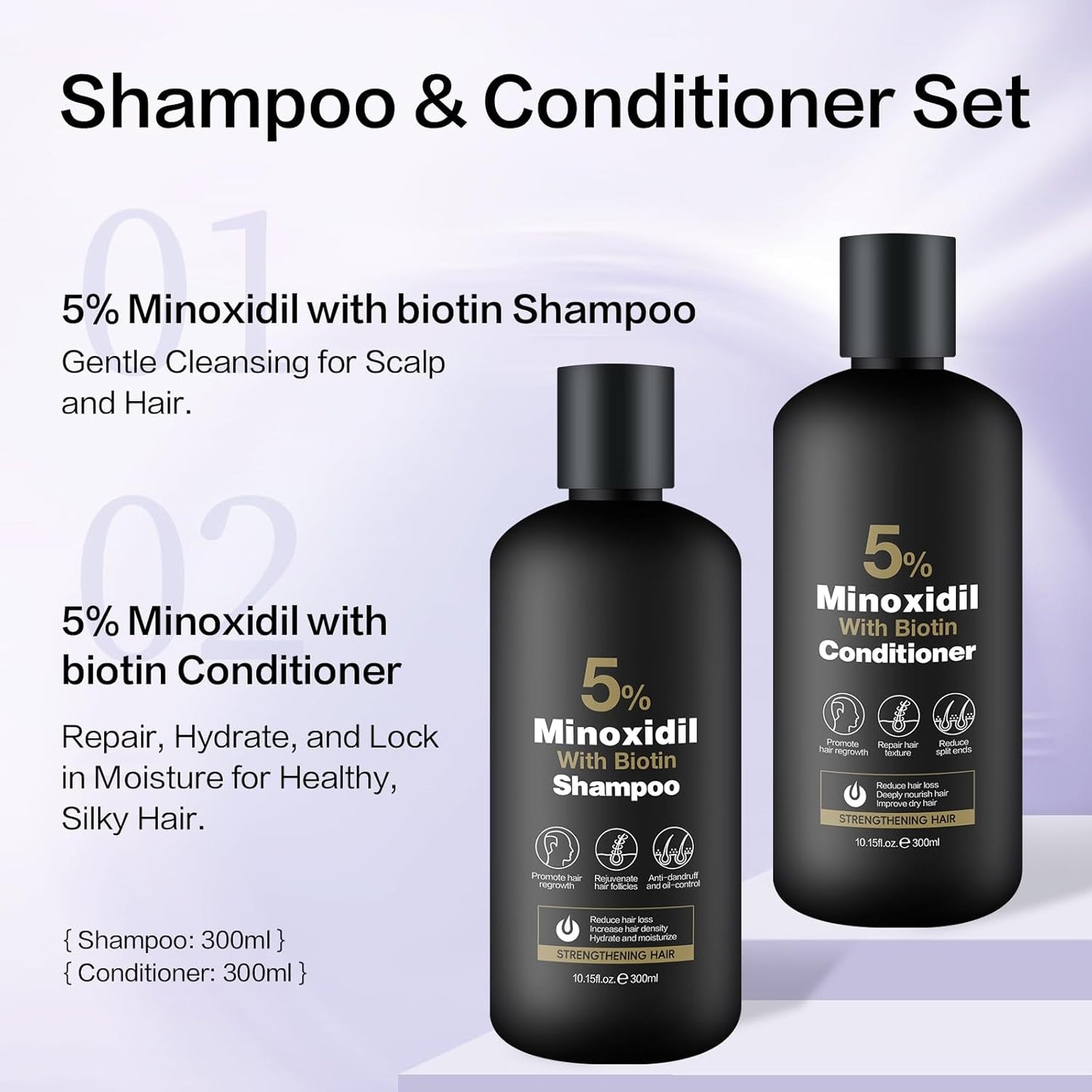 Minoxidil Shampoo & Conditioner Set for Hair Growth - Biotin & Ginseng Formula | 600ml Duo for Thicker, Fuller Hair