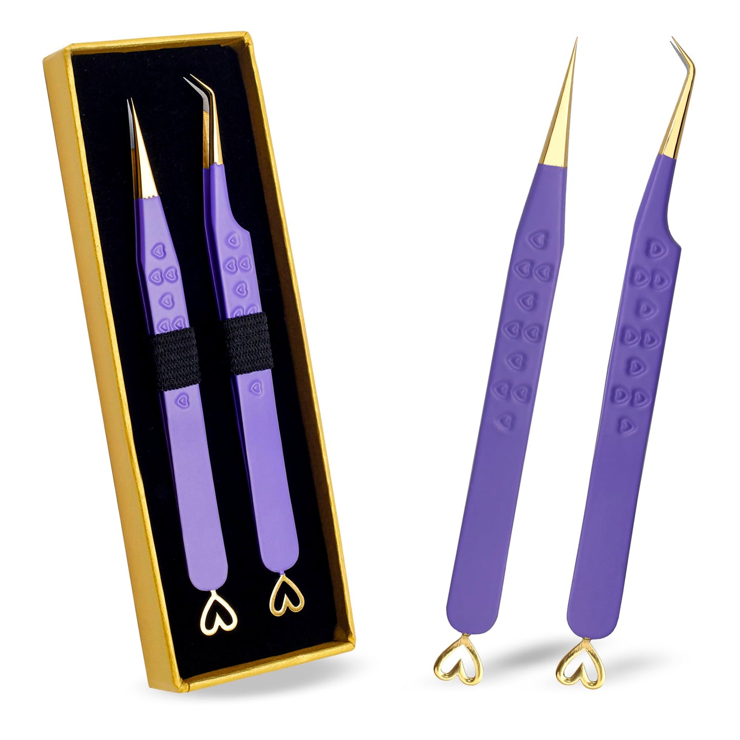 Precision Eyelash Extension Tweezers, Straight And 45-Degree, with Fiber Tip, Volume & Isolation Tweezers, Japanese Stainless Steel, Unique Heart Design (Purple Color)