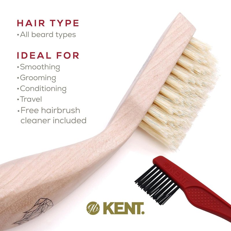 Kent BRD2 Boar Bristle Beard Brush for Men - Specially Cut Natural White Boar Bristle for Flawless Shaping and Grooming, Ergonomic Pistol-Like Grip Wood Handle, Dry or Wet Beard, Distributes Oils