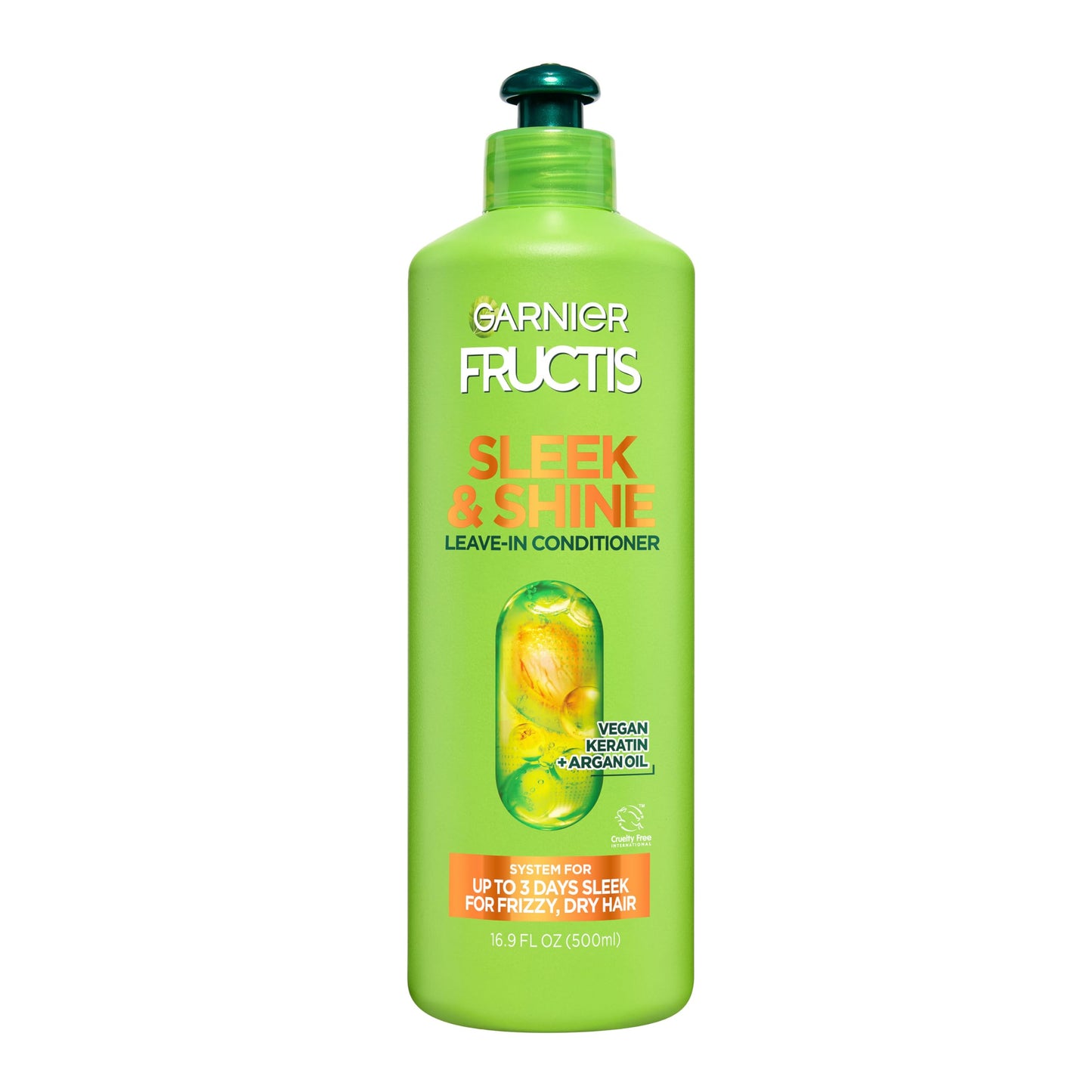 Garnier Fructis Sleek & Shine XL Leave-In Conditioner Cream, Anti-Frizz Hair Treatment with Plant Keratin + Argan Oil, Controls Frizz and Provides Smoothness For Frizzy, Dry Hair, Value, 16.9 Fl Oz