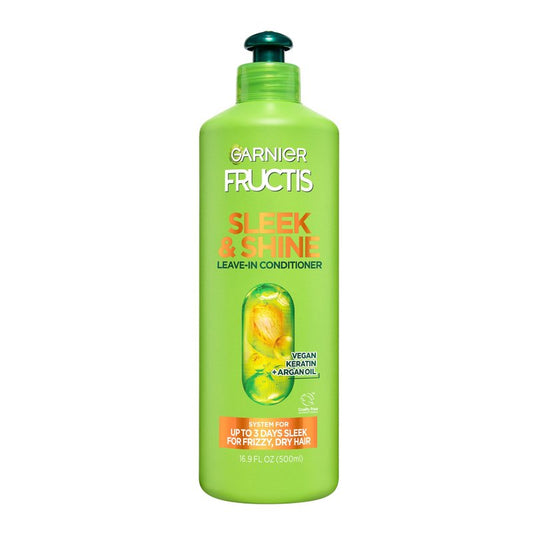 Garnier Fructis Sleek & Shine XL Leave-In Conditioner Cream, Anti-Frizz Hair Treatment with Plant Keratin + Argan Oil, Controls Frizz and Provides Smoothness For Frizzy, Dry Hair, Value, 16.9 Fl Oz