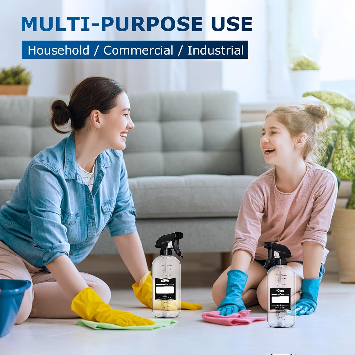 Veco Graduated Spray Bottles - 500mL (17oz) Leak-Resistant 360° Any-Angle Spraying | Perfect for Cleaning, Plants, Hair & Pets