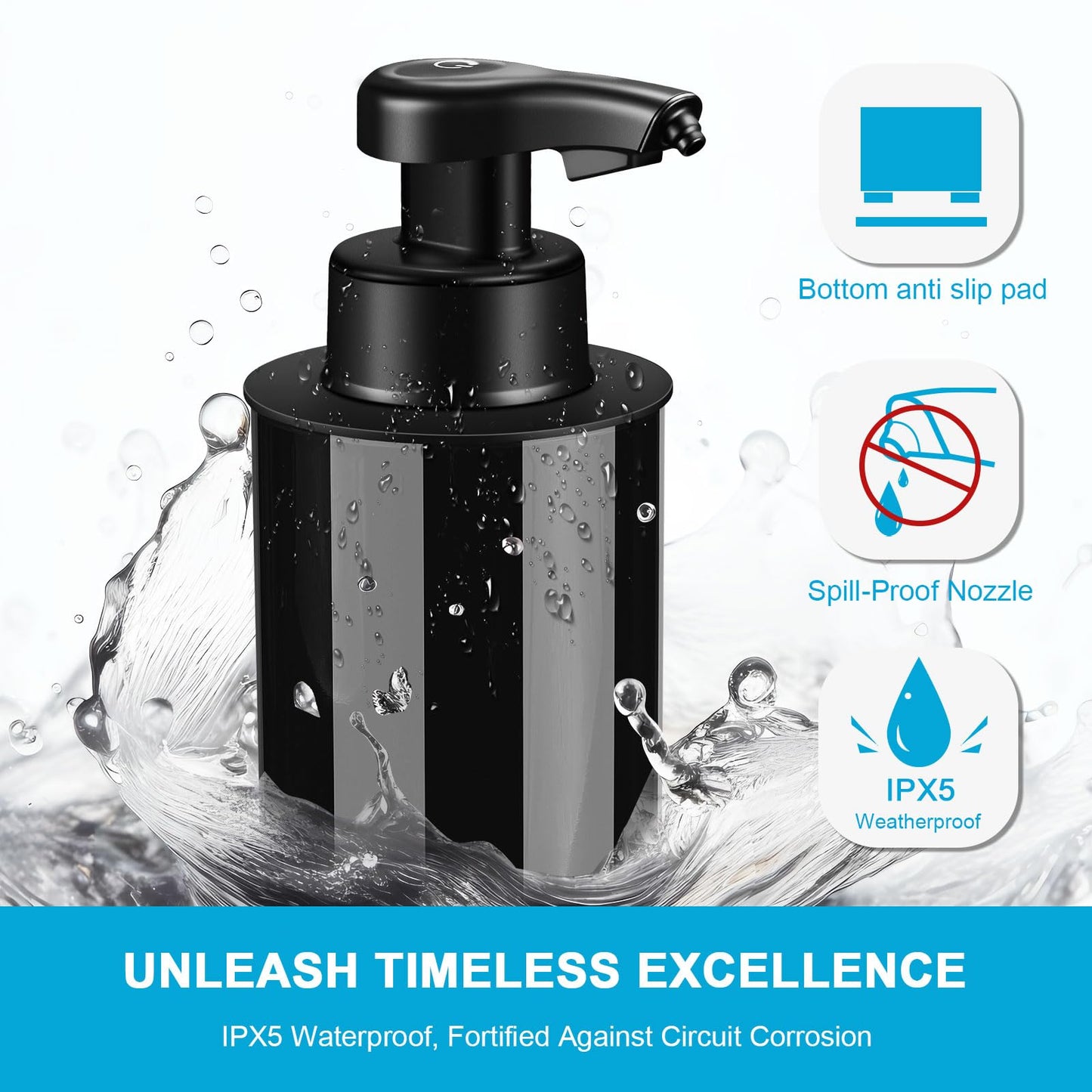 Automatic Foaming Soap Dispenser Touchless Hands-Free: Black Modern Smart Electric Sensor Clog-Free Design for Kitchen & Bathroom, Easy for Kids, Modern Acrylic